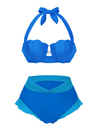 [Pre-Sale] Blue 1970s Solid Shell Halter Bikini Set