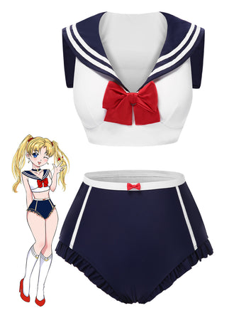 [Pre-Sale] Dark Blue 1970s Sailor Collar Bow Swimsuit